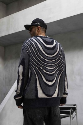 Abstract Knit Sweater Black 1006 - Thumbnail (3)