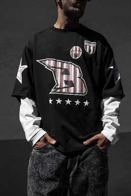  B Printed Double Layers Black Sweatshirt 1916 - Thumbnail (3)