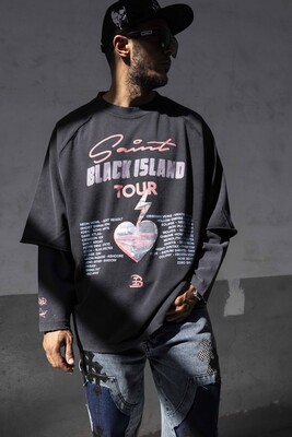 Black Island Printed Double Layers Black Sweatshirt 1918 - Thumbnail (2)