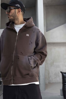 Black Island Printed Oversized Brown Hoodie 1933 - Thumbnail (2)