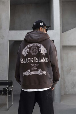 Black Island Printed Oversized Brown Hoodie 1933 - Thumbnail (3)