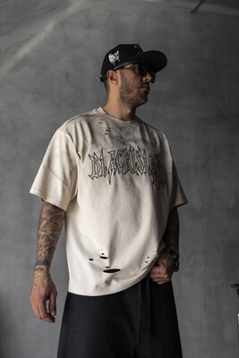 Black Island Printed Washed T-shirts Beige 1875 - Thumbnail (2)