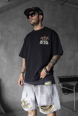 Black Island Printed Washed T-shirts Black 1868 - Thumbnail (2)