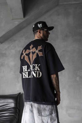 Black Island Printed Washed T-shirts Black 1868 - Thumbnail (3)