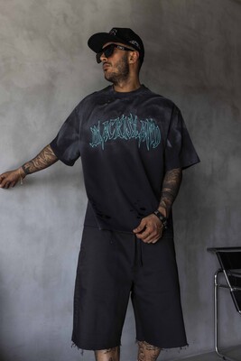 Black Island Printed Washed T-shirts Black 1875 - Thumbnail (2)