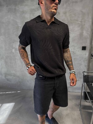 BLACK POLO COLLAR KNITWEAR KRN1005 - Thumbnail (2)