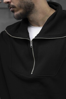 Half Zipped Black Sweatshirt 1649 - Thumbnail