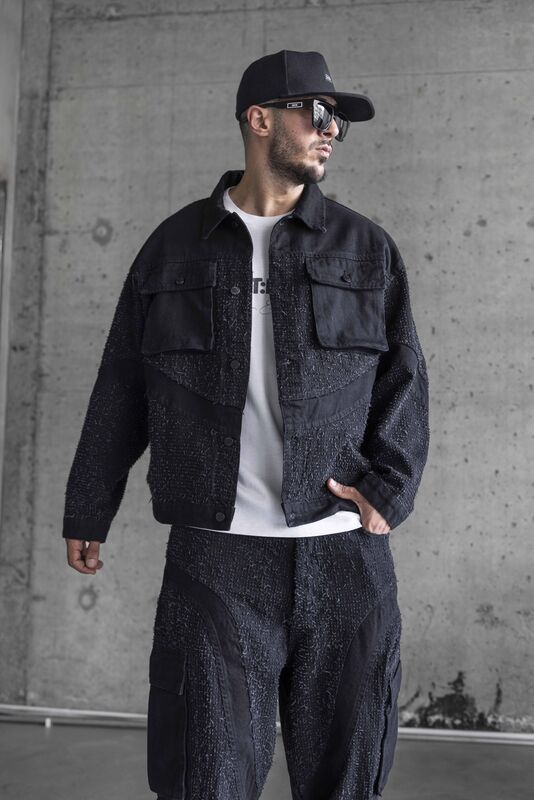 新作SALE【MR NEARLY】black street camouflage denim gm16371 black-textured-denim-jacket-