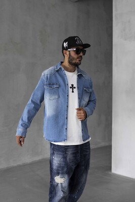 BRAD PITT PRINTED DENIM JACKET BLUE 16967 - Thumbnail (3)