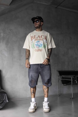 Black Island - Capri Vintage Printed Oversize Beige T-Shirt 1857
