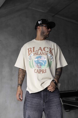 Black Island - Capri Vintage Printed Oversize Beige T-Shirt 1857 (1)