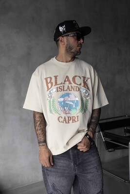 Capri Vintage Printed Oversize Beige T-Shirt 1857 - Thumbnail (2)