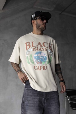 Capri Vintage Printed Oversize Beige T-Shirt 1857 - Thumbnail (3)