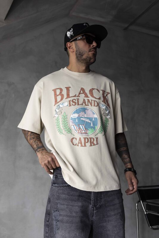 Capri Vintage Printed Oversize Beige T-Shirt 1857