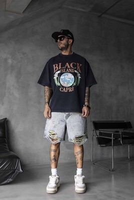 Black Island - Capri Vintage Printed Oversize Black T-Shirt 1857