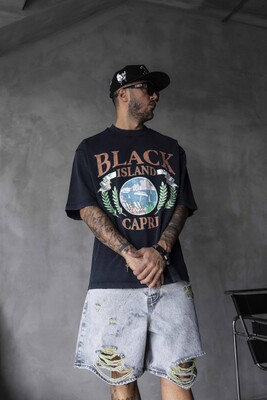 Black Island - Capri Vintage Printed Oversize Black T-Shirt 1857 (1)
