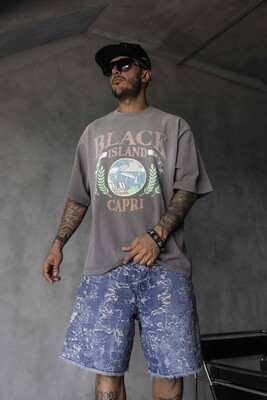 Black Island - Capri Vintage Printed Oversize Gray T-Shirt 1857 (1)