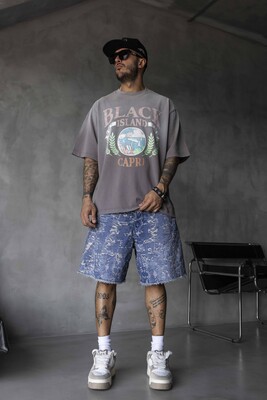 Black Island - Capri Vintage Printed Oversize Gray T-Shirt 1857