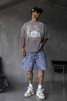 Capri Vintage Printed Oversize Gray T-Shirt 1857 - Thumbnail (2)