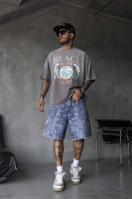 Capri Vintage Printed Oversize Gray T-Shirt 1857 - Thumbnail (3)
