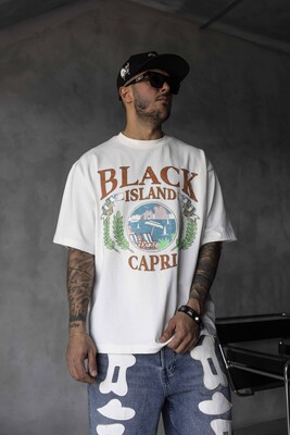 Capri Vintage Printed Oversize White T-Shirt 1857 - Thumbnail (2)