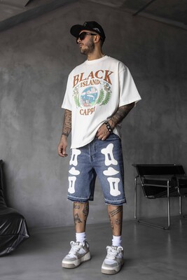 Capri Vintage Printed Oversize White T-Shirt 1857 - Thumbnail (3)