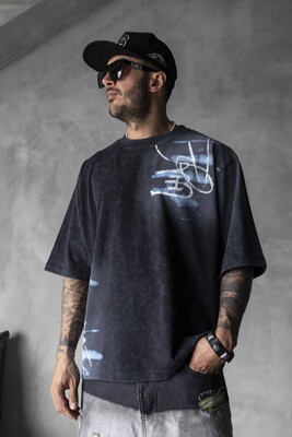 Black Island - Colorful Dog Print Oversized Black T-Shirt 1859 (1)