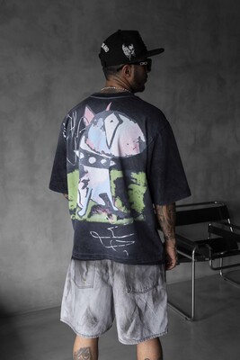 Colorful Dog Print Oversized Black T-Shirt 1859 - Thumbnail (3)