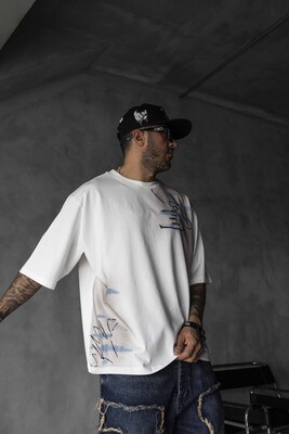 Colorful Dog Print Oversized White T-Shirt 1859 - Thumbnail (2)