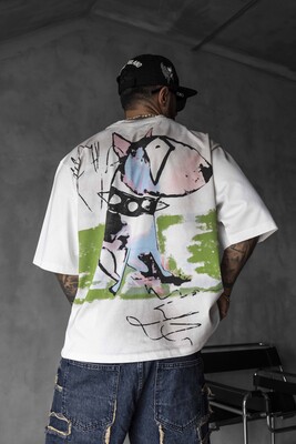 Colorful Dog Print Oversized White T-Shirt 1859 - Thumbnail (3)