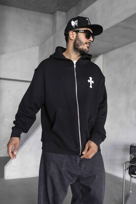 Cross Printed Black Hoodie 1922 - Thumbnail (2)