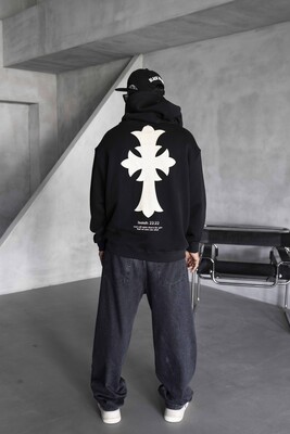 Cross Printed Black Hoodie 1922 - Thumbnail (3)