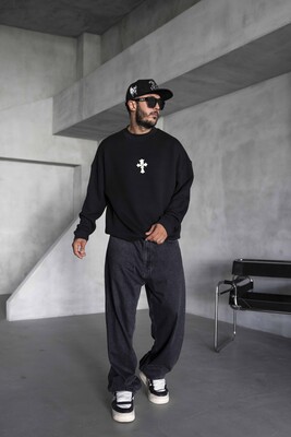 Cross Printed Black Sweatshirts 1921 - Thumbnail (2)