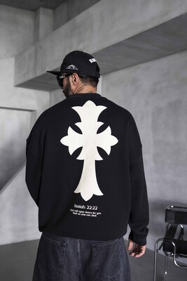 Cross Printed Black Sweatshirts 1921 - Thumbnail (3)
