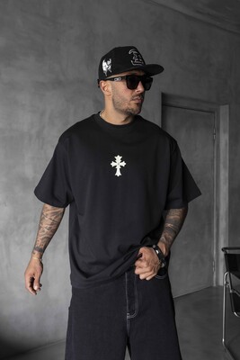 Cross Printed Black T-shirt 1889 - Thumbnail (3)