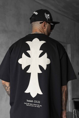 Cross Printed Black T-shirt 1889 - Thumbnail (2)