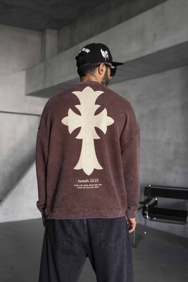 Cross Printed Brown Sweatshirts 1921 - Thumbnail (3)