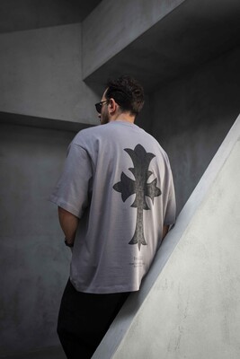 Cross Printed Gray T-shirt 1889 - Thumbnail (3)
