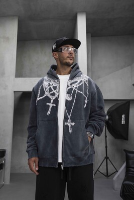 Cross Printed Hoodie Black 1948 - Thumbnail (2)