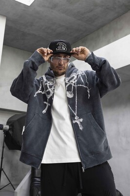 Cross Printed Hoodie Black 1948 - Thumbnail (3)