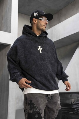 Cross Printed Hoodie Black 1952 - Thumbnail (2)