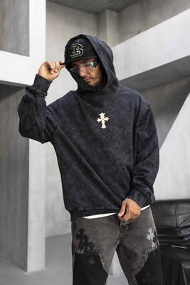 Cross Printed Hoodie Black 1952 - Thumbnail (3)