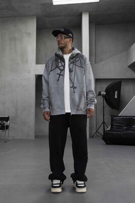 Black Island - Cross Printed Hoodie Gray 1948