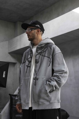 Cross Printed Hoodie Gray 1948 - Thumbnail (2)