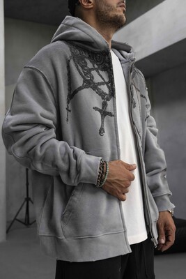 Cross Printed Hoodie Gray 1948 - Thumbnail (3)