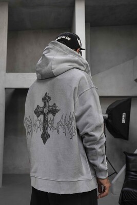 Black Island - Cross Printed Hoodie Gray 1948 (1)
