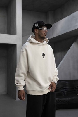 Cross Printed Hoodie White 1952 - Thumbnail (2)