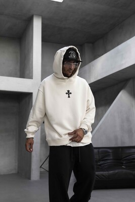 Cross Printed Hoodie White 1952 - Thumbnail (3)