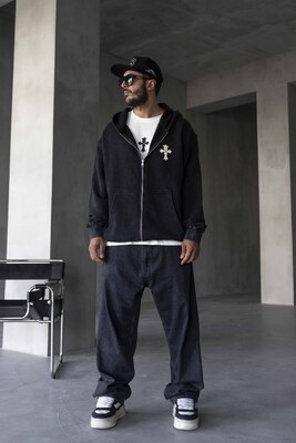 Black Island - Cross Printed Washed Black Hoodie 1922