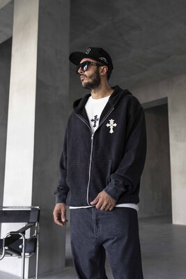 Black Island - Cross Printed Washed Black Hoodie 1922 (1)
